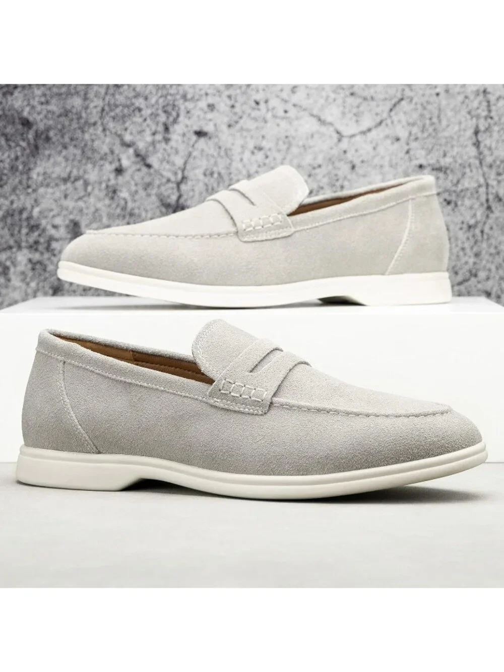 🆕Men's White 2 Leather Loafers Slip-On Moccasins Suede Dress Shoes Lightweight